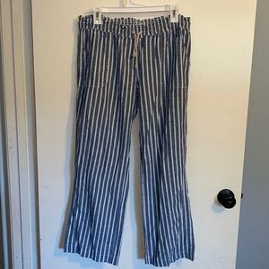 Blue and white striped summer pants, linen look and feel, tie waist